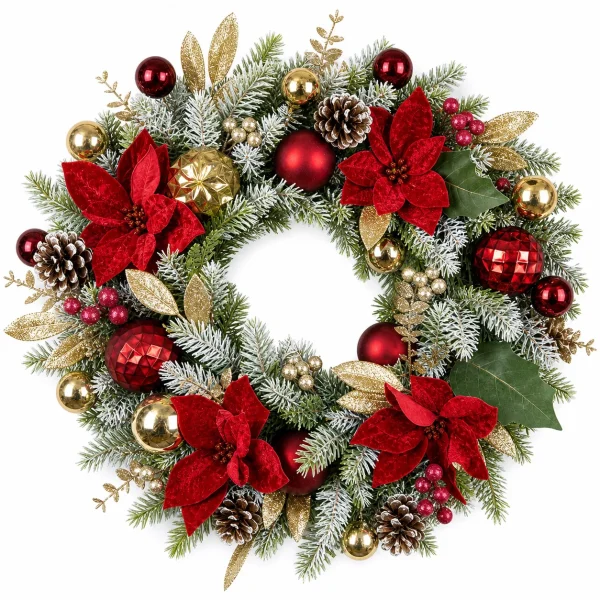 Red Poinsettia Christmas Wreath with Gold Ornaments 20" Red Poinsettia Christmas Wreath with Gold Ornaments