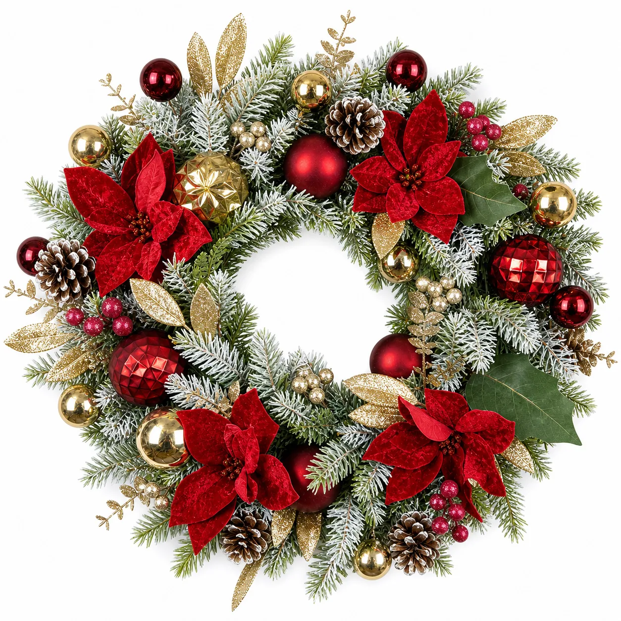 Red Poinsettia Christmas Wreath with Gold Ornaments 20" Red Poinsettia Christmas Wreath with Gold Ornaments