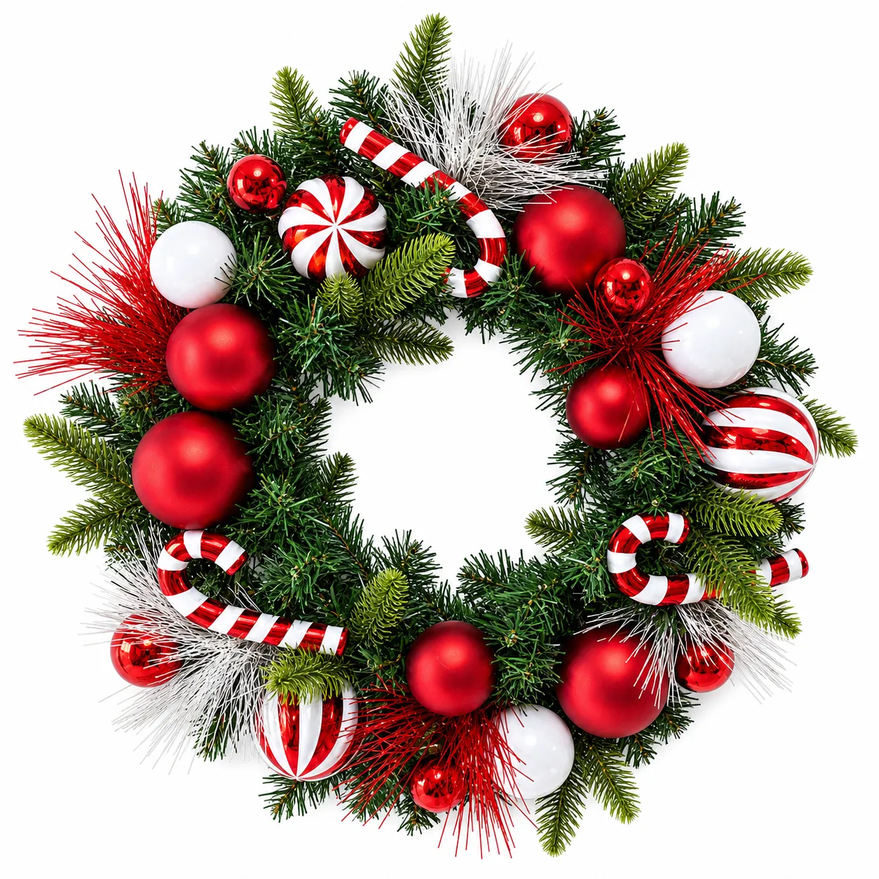 Red and White Candy Cane Christmas Wreath with Ornaments 20" Red and White Candy Cane Christmas Wreath with Ornaments