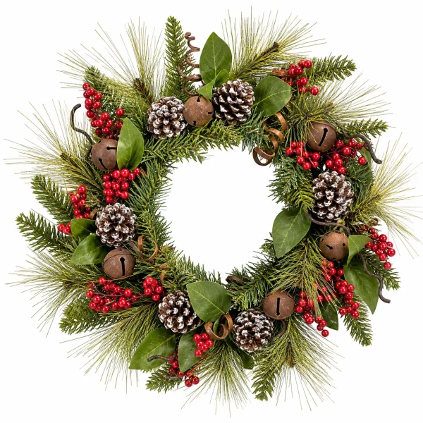 Rustic Christmas Wreath with Bells, Berries and Pinecones