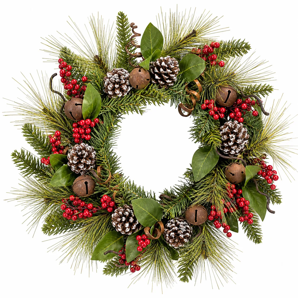 Rustic Christmas Wreath with Bells Red Berries and Pinecones Rustic Christmas Wreath with Bells, Berries and Pinecones