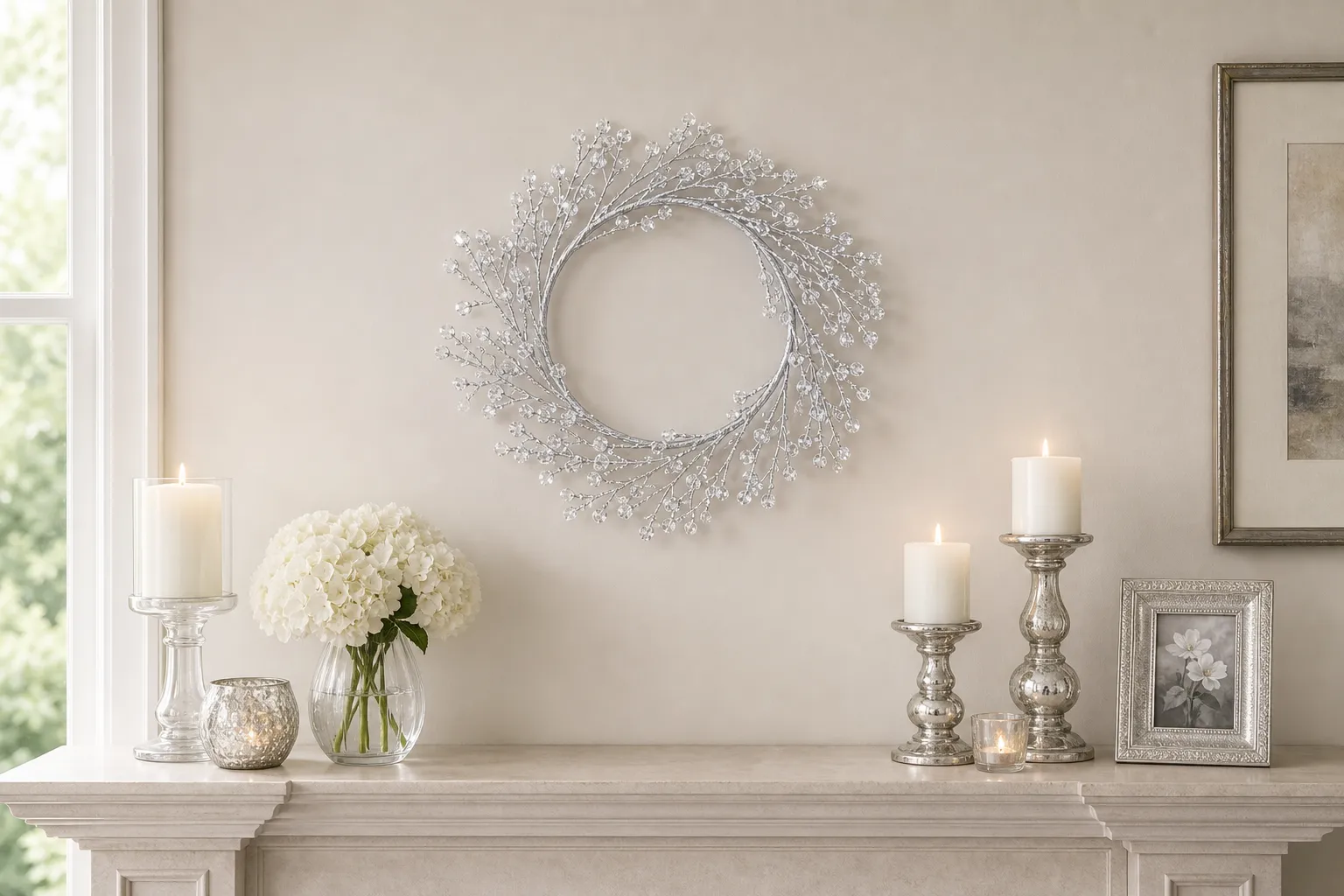 Silver Crystal Branch Wreath-scene-2 Silver Crystal Branch Wreath with Clear Beaded Accents