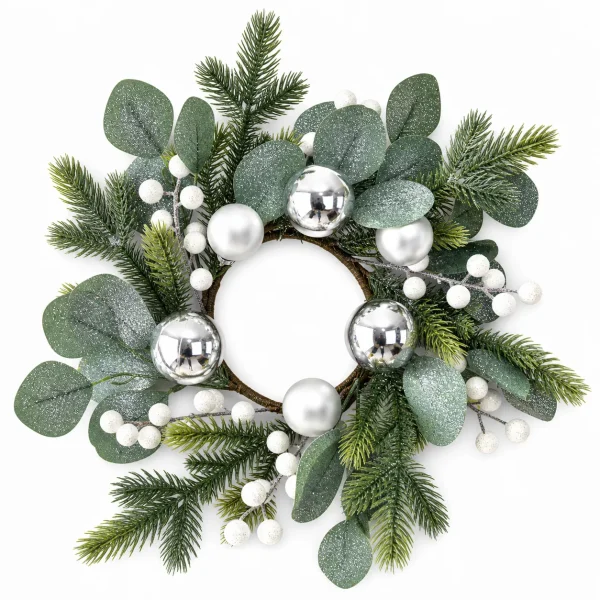 Silver White Christmas Candle Ring with Eucalyptus and Berries
