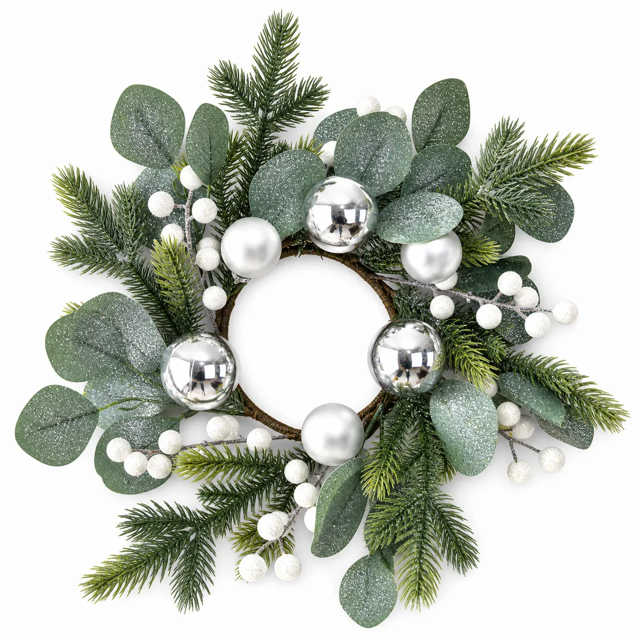Silver White Christmas Candle Ring with Eucalyptus and Berries Silver White Christmas Candle Ring with Eucalyptus and Berries