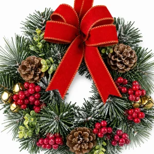 Small Christmas Pine Wreath with Red Bow-detail 12" Red Bow Christmas Wreath with Berries and Pinecones