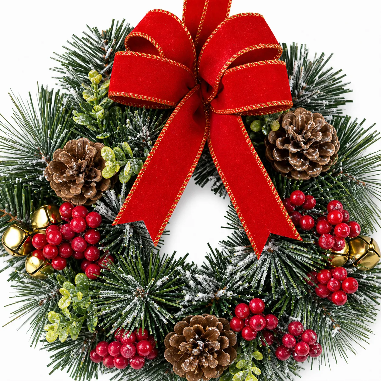 Small Christmas Pine Wreath with Red Bow-detail 12" Red Bow Christmas Wreath with Berries and Pinecones
