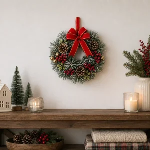 Small Christmas Pine Wreath with Red Bow-scene-2 12" Red Bow Christmas Wreath with Berries and Pinecones