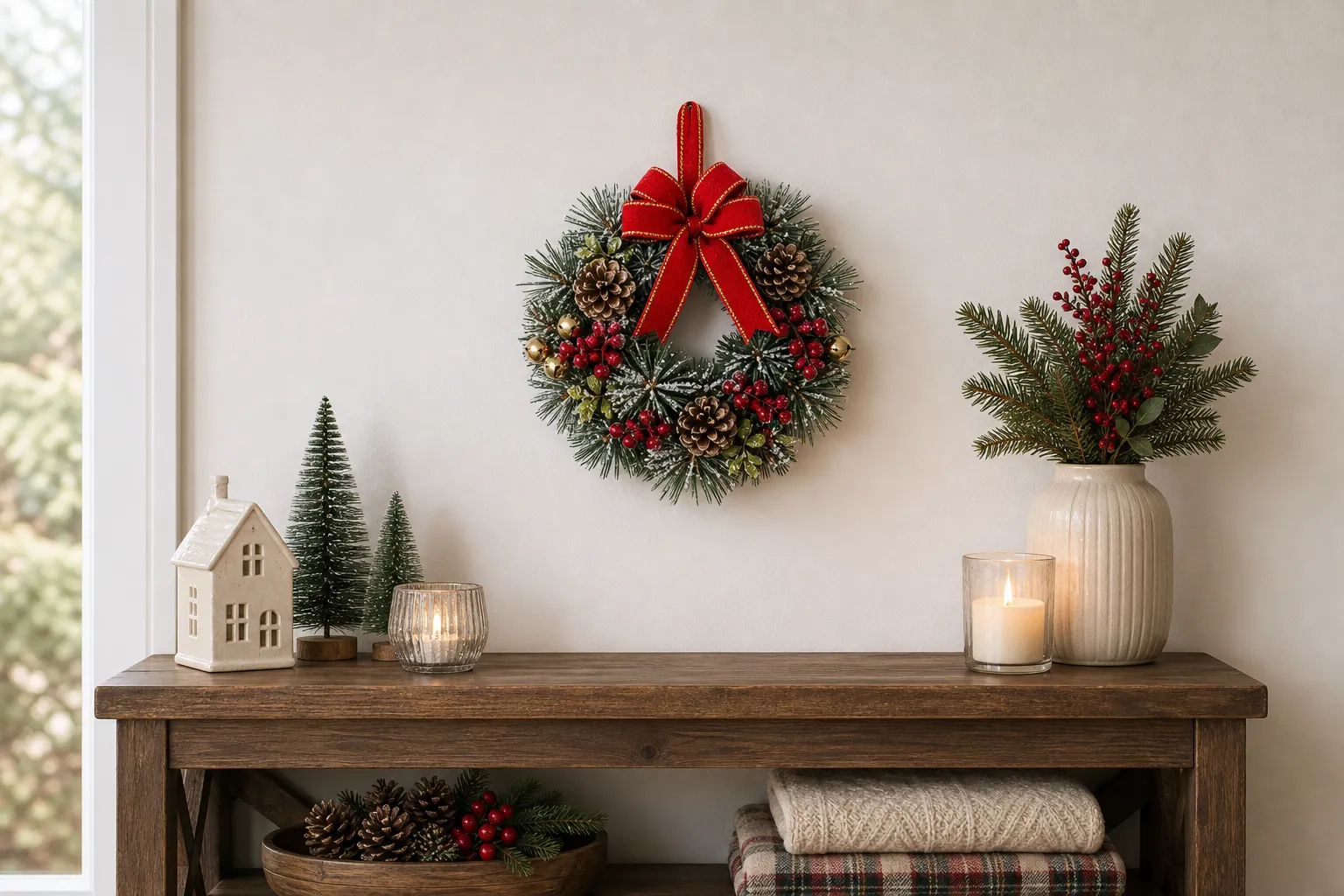 Small Christmas Pine Wreath with Red Bow-scene-2 12" Red Bow Christmas Wreath with Berries and Pinecones