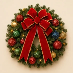 Vintage Christmas Wreath with Red Velvet Bow & Textured Ornaments