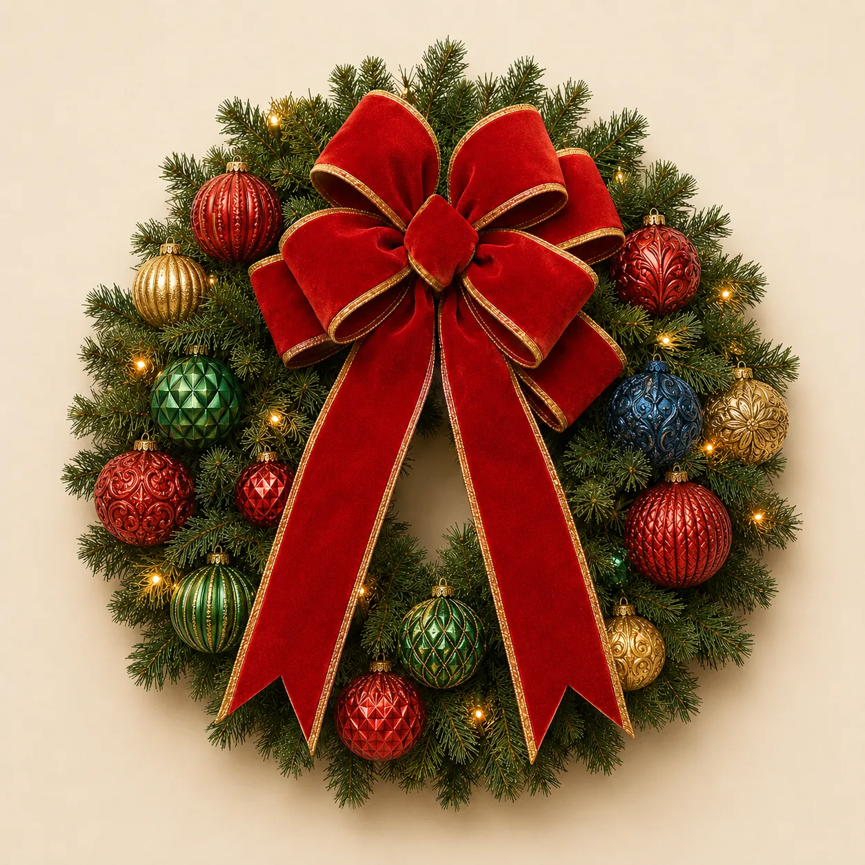 Vintage Christmas Wreath with Red Velvet Bow & Textured Ornaments Vintage Christmas Wreath with Red Velvet Bow & Textured Ornaments