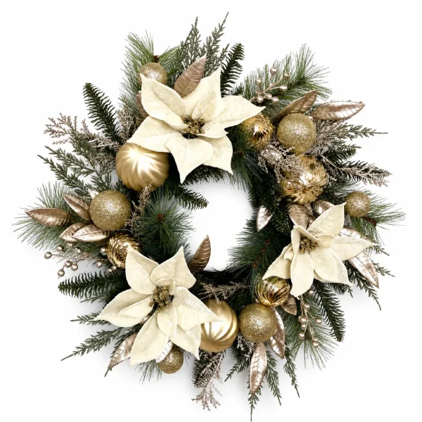 White Poinsettia Christmas Wreath with Champagne Gold Ornaments