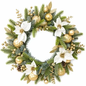 White and Gold Christmas Wreath with Poinsettias and Ornaments