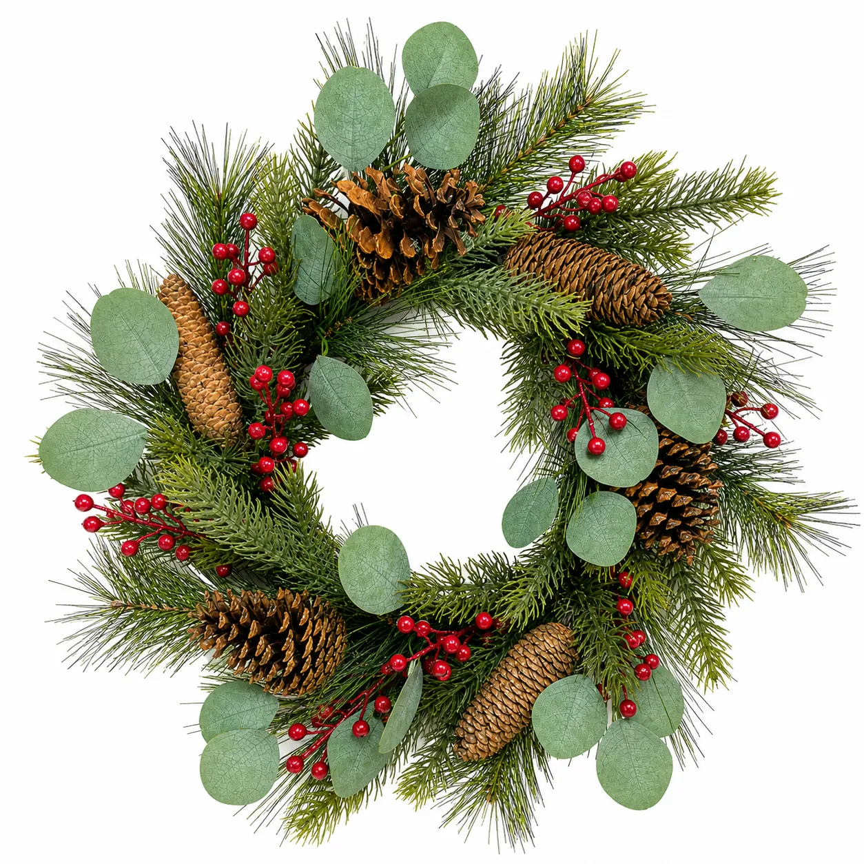 Christmas Eucalyptus Wreath with Pinecones and Red Berries Christmas Eucalyptus Wreath with Pinecones and Red Berries