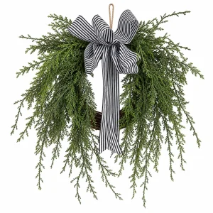 Christmas Evergreen Wreath with Black and White Striped Bow