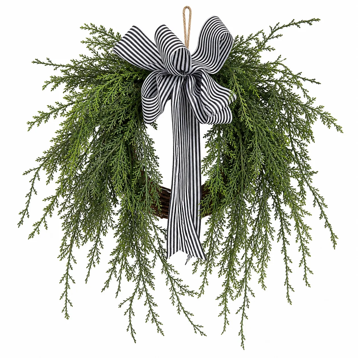 Christmas Evergreen Wreath with Black and White Striped Bow Christmas Evergreen Wreath with Black and White Striped Bow