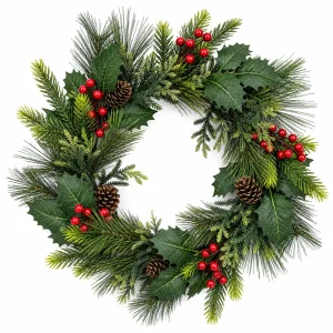 Christmas Holly Wreath with Pinecones and Red Berries