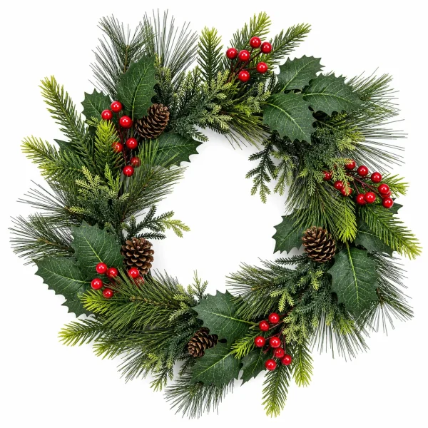Christmas Holly Wreath with Pinecones and Red Berries
