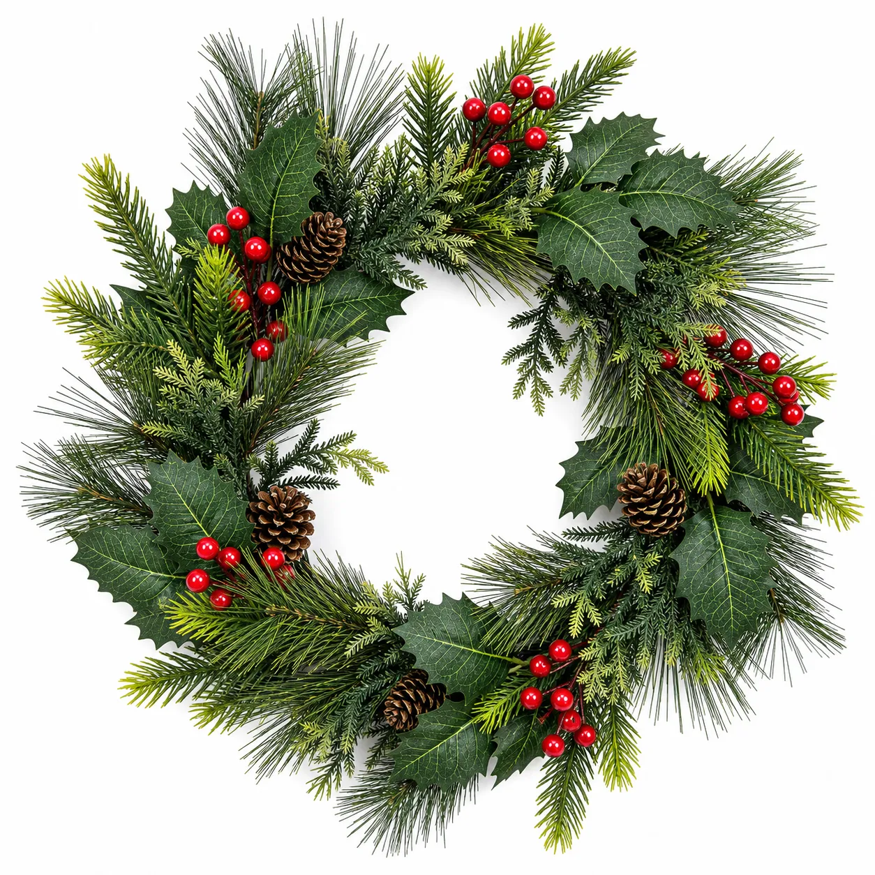Christmas Holly Wreath with Pinecones and Red Berries Christmas Holly Wreath with Pinecones and Red Berries