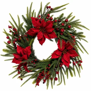Christmas Poinsettia Wreath with Red Berries and Evergreen