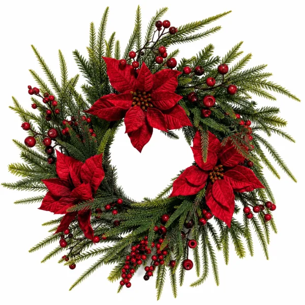 Christmas Poinsettia Wreath with Red Berries and Evergreen
