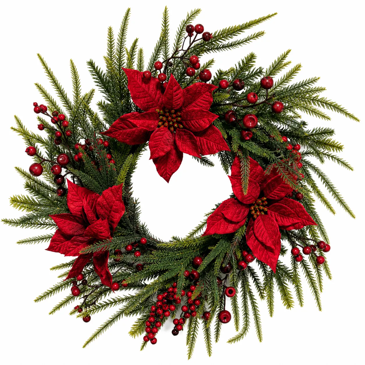 Christmas Poinsettia Wreath with Red Berries and Evergreen Christmas Poinsettia Wreath with Red Berries and Evergreen