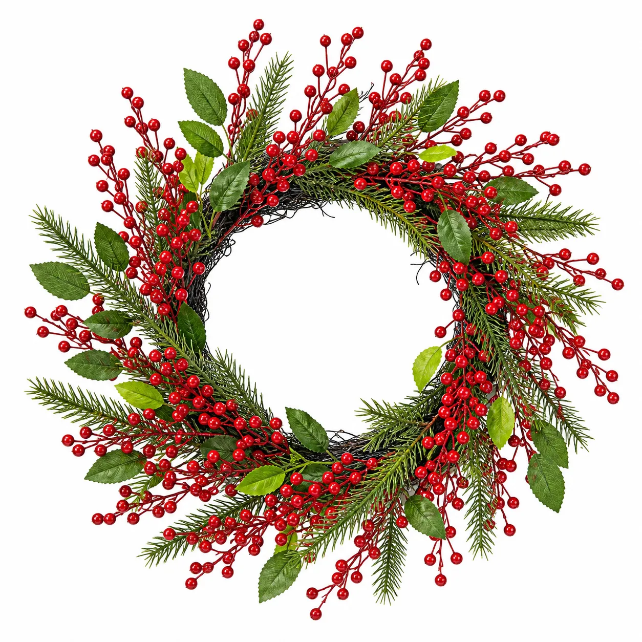 Christmas Red Berry Wreath with Evergreen Greenery