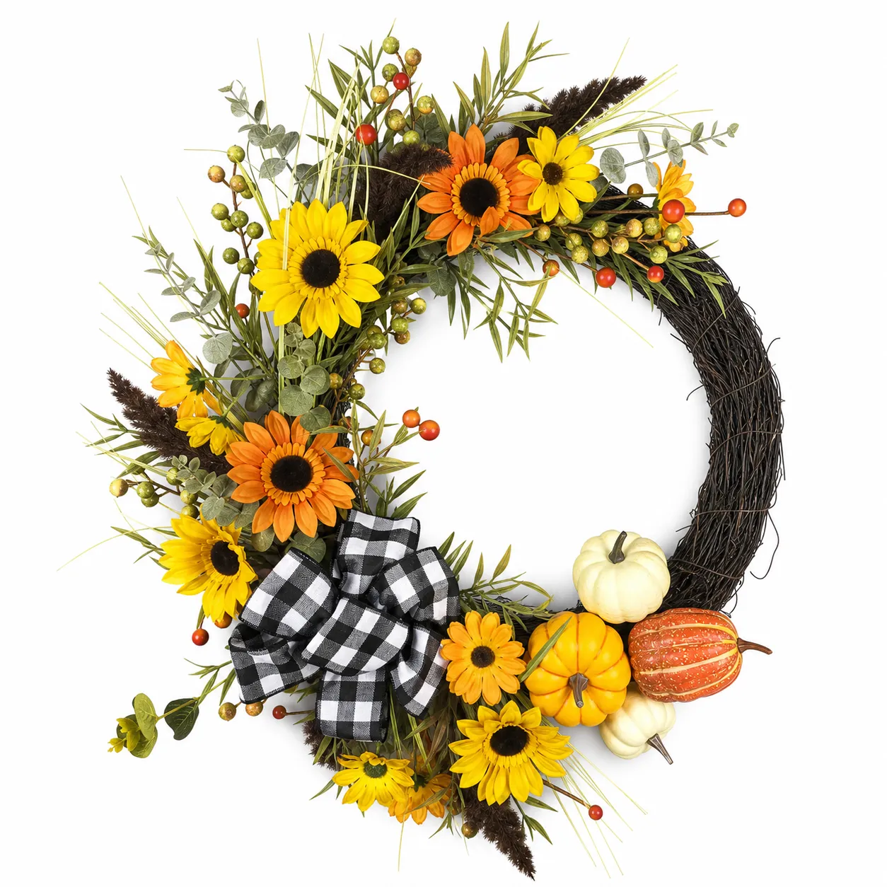 Fall Sunflower Pumpkin Grapevine Wreath with Buffalo Check Bow Fall Sunflower Pumpkin Grapevine Wreath with Buffalo Check Bow