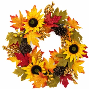 Fall Sunflower Wreath with Maple Leaves, Berries & Pinecones