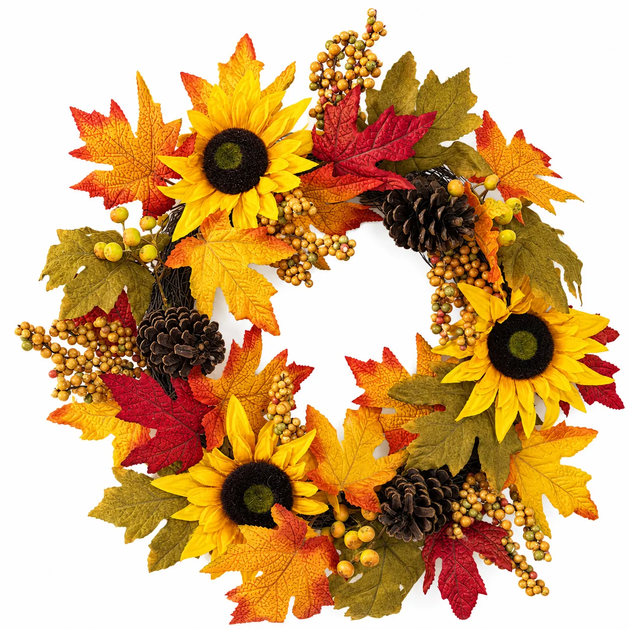 Fall Sunflower Wreath with Maple Leaves Berries and Pinecones Fall Sunflower Wreath with Maple Leaves, Berries & Pinecones