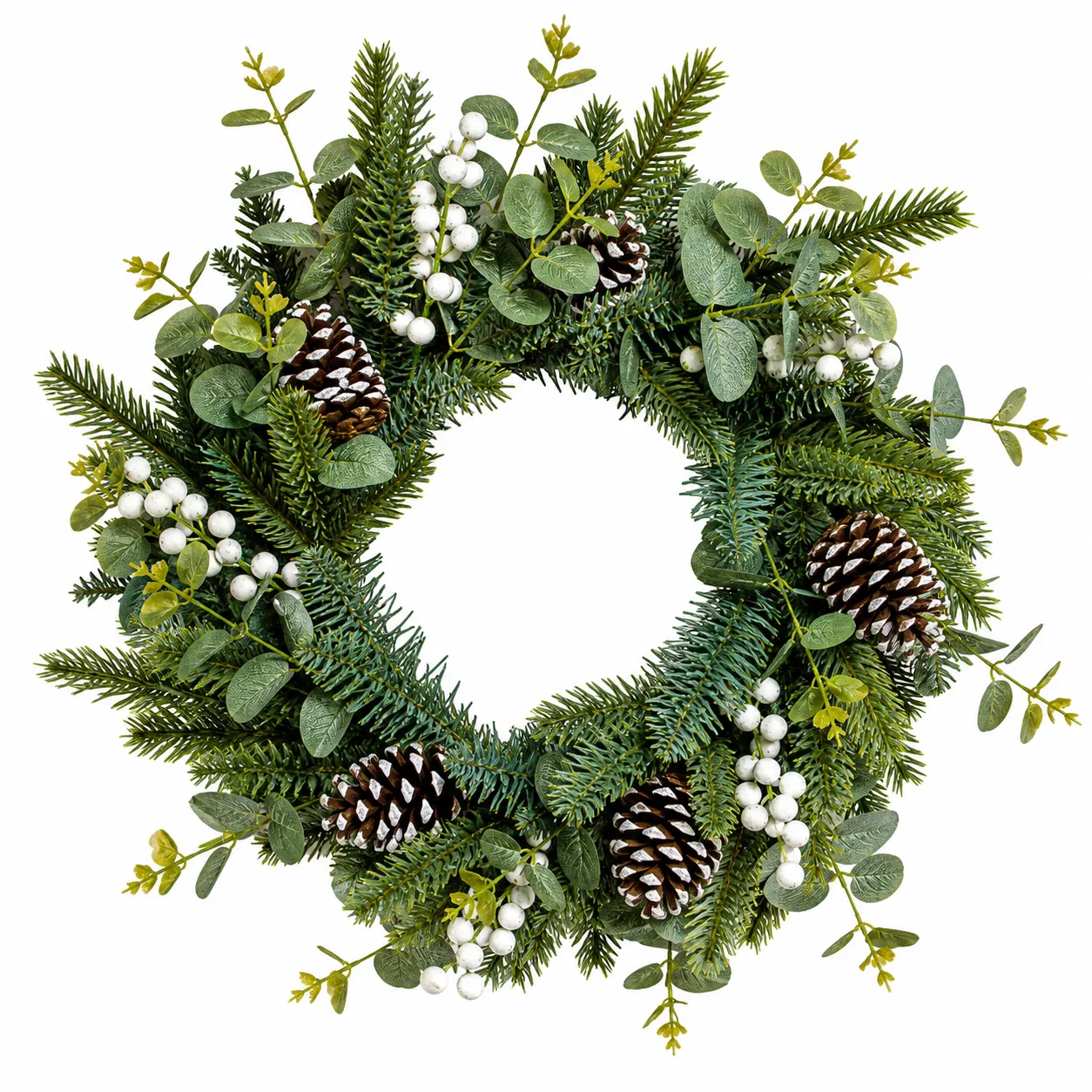 Winter Eucalyptus Wreath with White Berries and Pinecones Winter Eucalyptus Wreath with White Berries and Pinecones